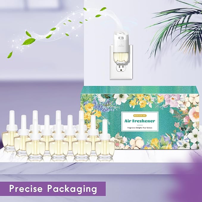 Plug In Air Freshener Starter Kit, 12 Refills + 1 Warmer, Lavender, Vanilla & Fresh Linen Scents for Home, Bathroom & Office, Compatible with Air Wick & Glade, Not Include Glade Plus