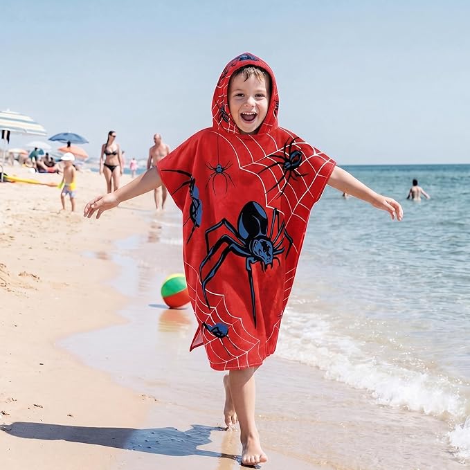 Fanfanwin Cotton Spider Web Bath Towel Beach Hooded Bath Towel 37.8x23.62 Inches Spider Theme Poncho with Snap Buttons Hood Soft Rapid Dry for Beach, Pool, Swim, Travel, Home Use