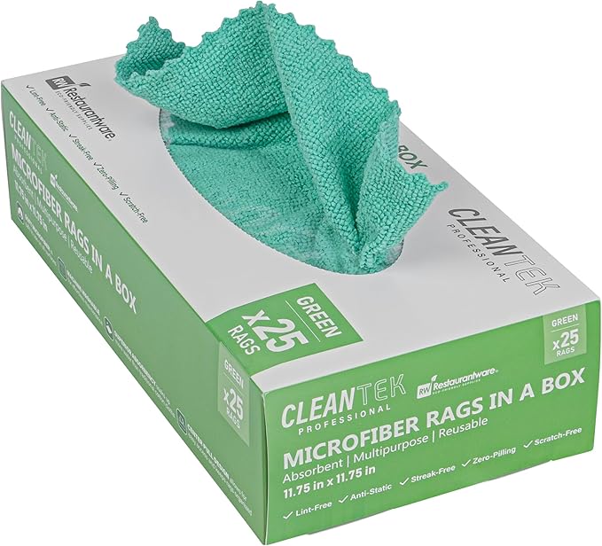Restaurantware-Clean Tek Professional 11.81 x 11.81 Inch Microfiber Rags in a Box, 25 Absorbent Cleaning Cloths - No-Scratch, Green Microfiber Reusable Edgeless Cleaning Towels, Leaves No Streak