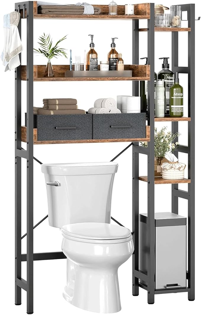 Over The Toilet Storage with Basket, Bathroom & Laundry Organizer, Freestanding Above Toilet Shelf with Adjustable Feet, Bathroom Storage Shelf with 4 Hooks for Restroom, Laundry, Rustic Brown