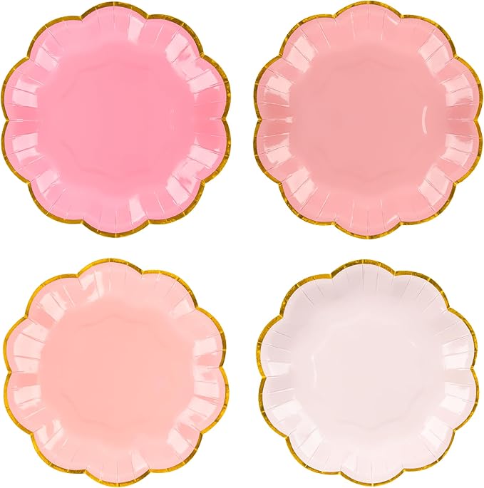 AimFun 24 Pcs Pink Party Plates Mothers Day Gradient Pink Dessert Paper Plates 7inch Gold Foil Scalloped Edge Disposable Cake Plates for Christmas Birthday Bridal Baby Shower Party Supplies