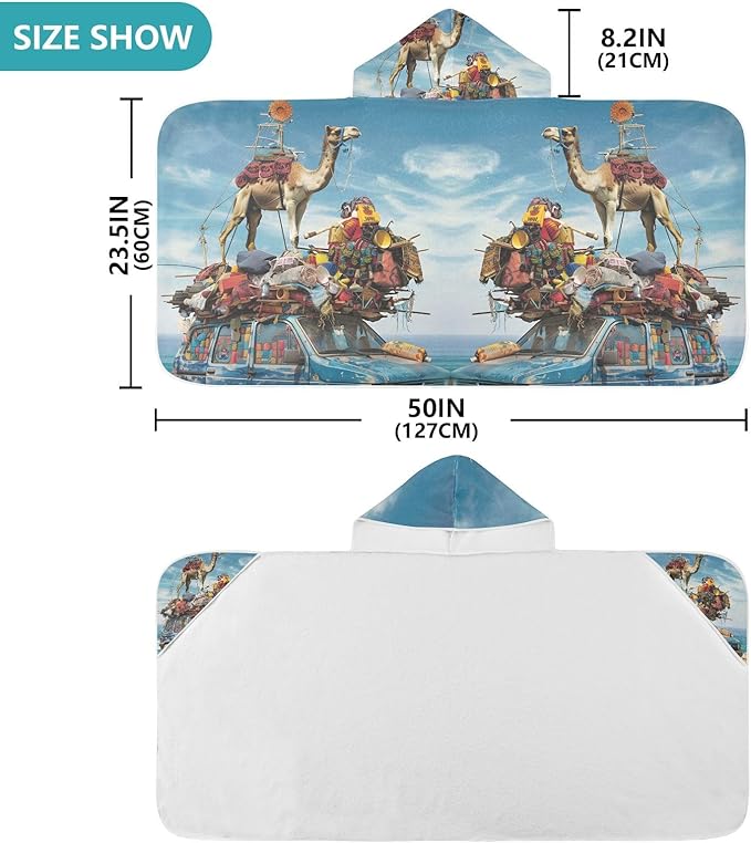 Hooded Towel for Kids Camel on Old Blue Car Beach Wrap Bath Towels 50x23.5in