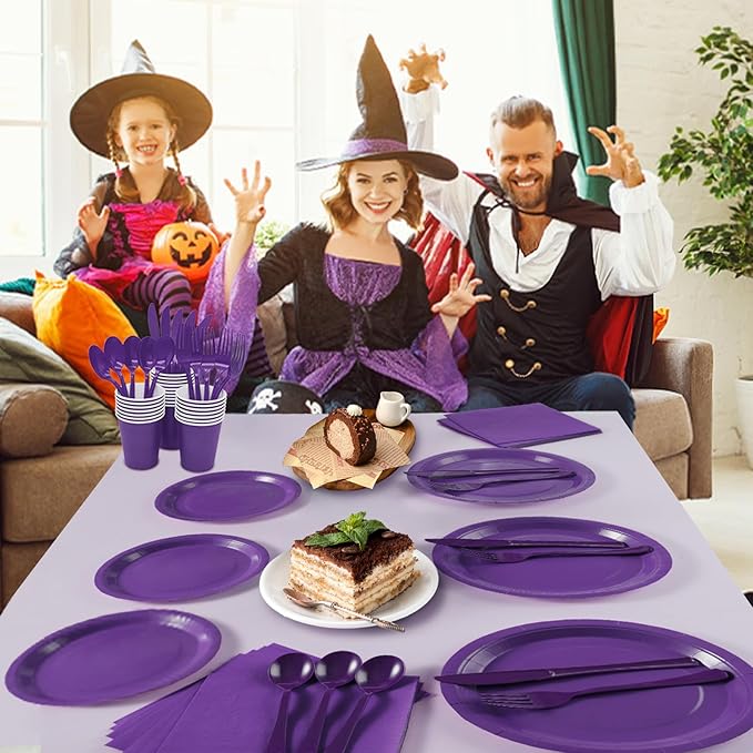 Purple Paper Plates Party Supplies,350pcs Purple Plates and Cups and Napkins Set for Mardi Gras Birthday Decorations for Women Srve 50