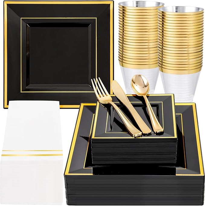 Festiva 350Pcs Black and Gold Plastic Plates-50Guests Disposable Square Black Dinnerware Set include 100 Plastic Plates,50Cups,150Plastic Cutlery,50Napkins for Birthday Party &Wedding&Graduation