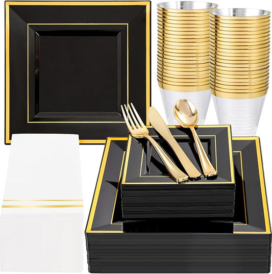Festiva 350Pcs Black and Gold Plastic Plates-50Guests Disposable Square Black Dinnerware Set include 100 Plastic Plates,50Cups,150Plastic Cutlery,50Napkins for Birthday Party &Wedding&Graduation