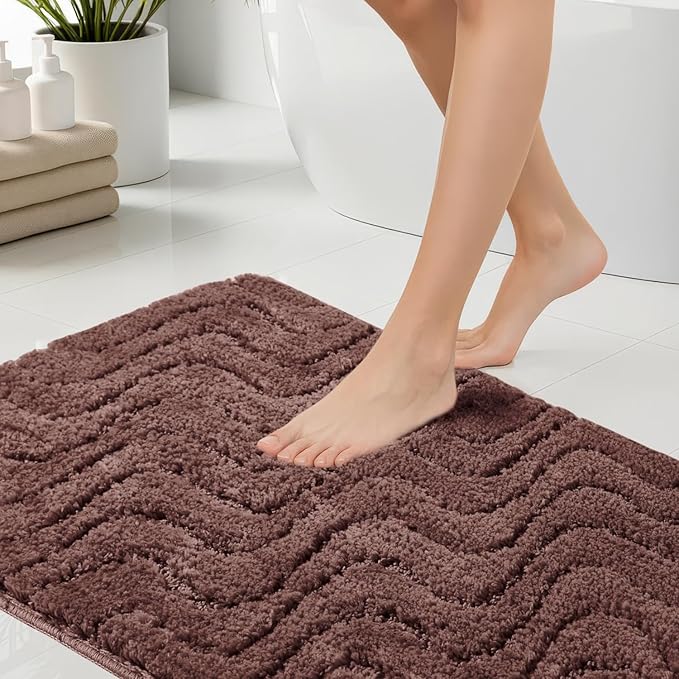 Bath Rugs Set 3 Pieces Bathroom Mat Soft Absorbent Plush Shaggy Soft Floor Non Slip Shower Bath Tub Machine Washable (Cocoa-Wave, 20"x32"/20"x20"/17"x24")