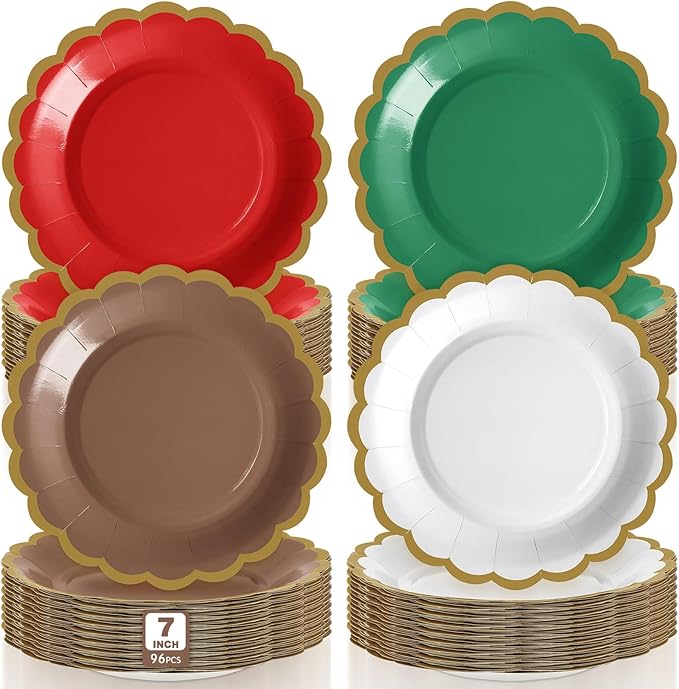 96 Pcs Christmas Paper Plates 7 Inch Red Green White Dessert Scalloped Edge Disposable Dinner Plates for Fall Halloween Wedding Birthday Baby Shower Party Supply