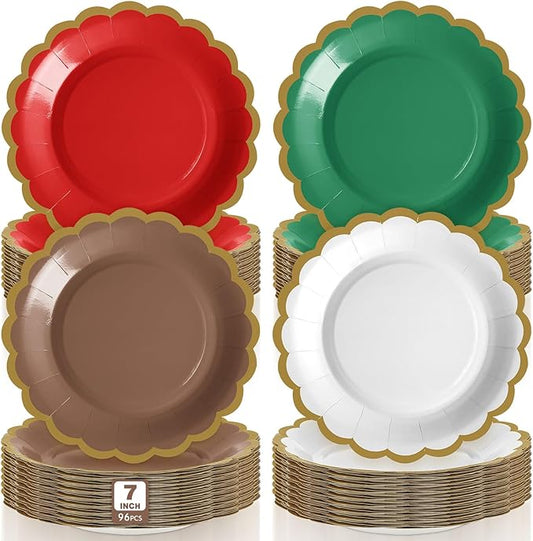 96 Pcs Christmas Paper Plates 7 Inch Red Green White Dessert Scalloped Edge Disposable Dinner Plates for Fall Halloween Wedding Birthday Baby Shower Party Supply