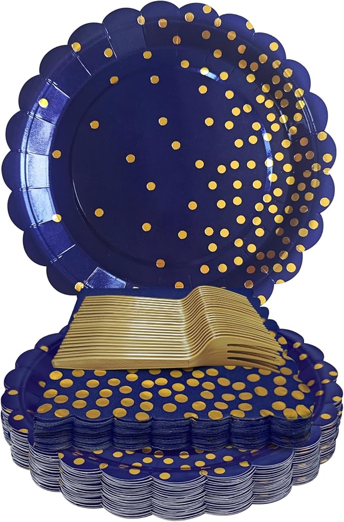 Navy Blue and Gold Paper Plates and Napkins,7 Inch Navy Blue and Gold Scalloped Disposable Dessert Plates Paper Napkin Fork Party Supplies for Wedding Baby Shower Birthday(25 Guest)