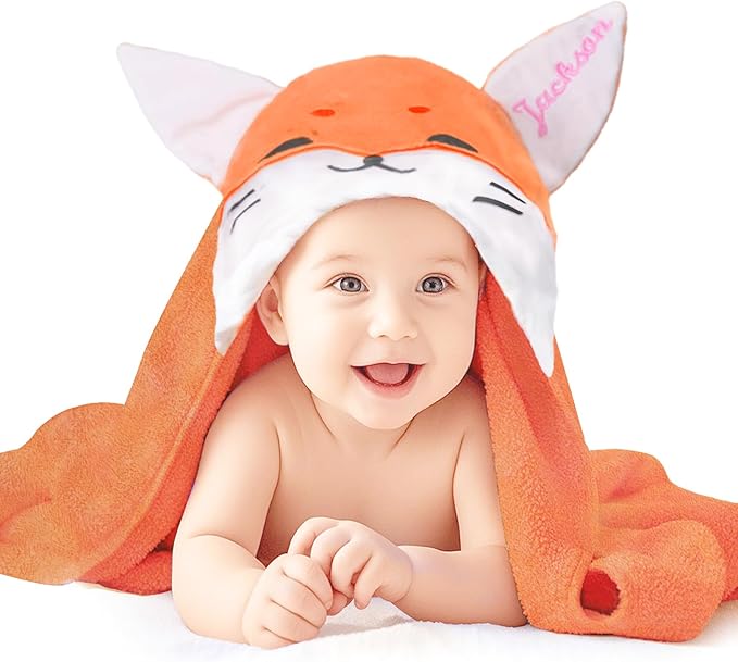 Baosity Custom Hooded Baby Towel with Name, Personalized Soft Absorbent Fox Bath Towel, Shower Towels for Girls Boys, Easter Brithday for Kids Baby, Toddler, Newborn Essential
