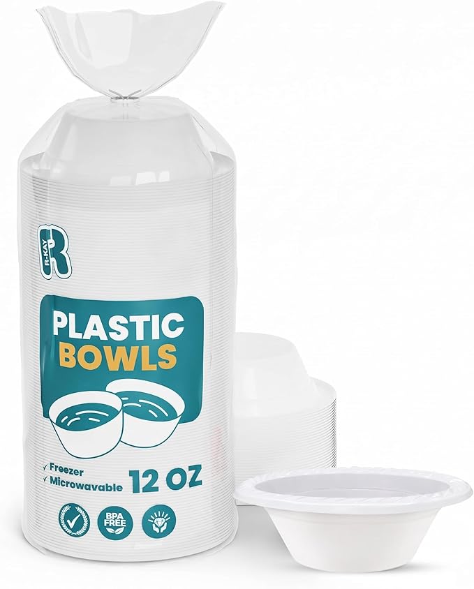 R-kay Plastic Bowls - 100 Count Microwavable Disposable Bowls - Strong Heavy Duty And Sturdy White Plastic Bowls Disposable (12 OZ, 100)