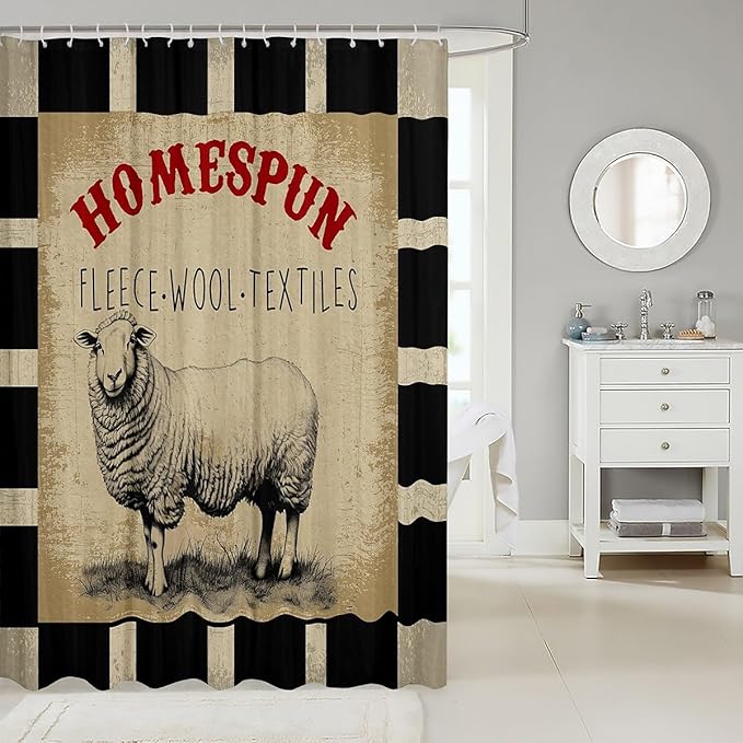 Feelyou Farm Shower Curtain Rustic Farmhouse Sheep Pattern Comforter Cover for Kids Teens Buffalo Check Bath Curtain Waterproof Farm Animal Pattern Kids Bathroom Accessories 72"x78"