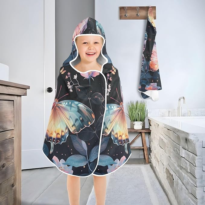 Hooded Towel for Kids Colored Butterfly Surrounded by Floating Spring Leaves Beach Wrap Bath Towels 50x23.5in