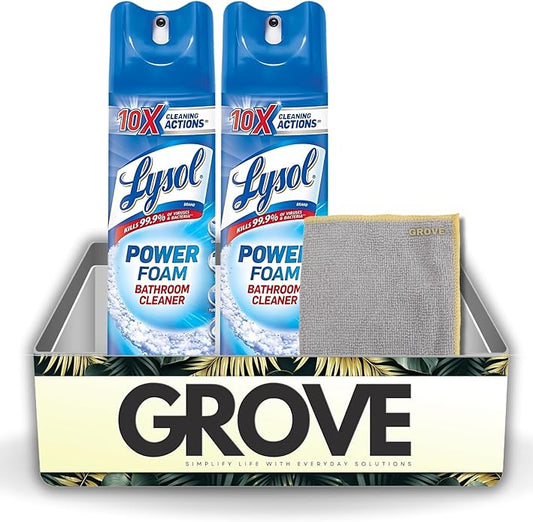 GROVE Power Foam Bathroom Cleaner Spray 24 oz Bundle with Microfiber Cloth - Powerful Foaming Bathroom Cleaner for Soap Scum and Limescale Removal - Leaves Surfaces Sparkling Clean - (3 Items)
