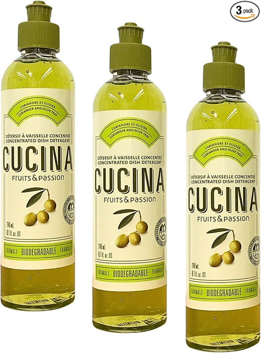 Cucina Fruits & Passion Travel Mini Dish Detergent Refill 3-Pack - Concentrated, Grease-Cutting and Gentle Liquid Soap, Coriander and Olive Tree, 8.1 fl oz Each