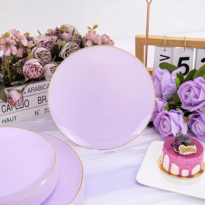 PULOTE 100PCS Purple Plastic Plates Disposable - Include 50 Dinner / 50 Dessert Plates Heavy Duty for Party, Wedding&Birthday