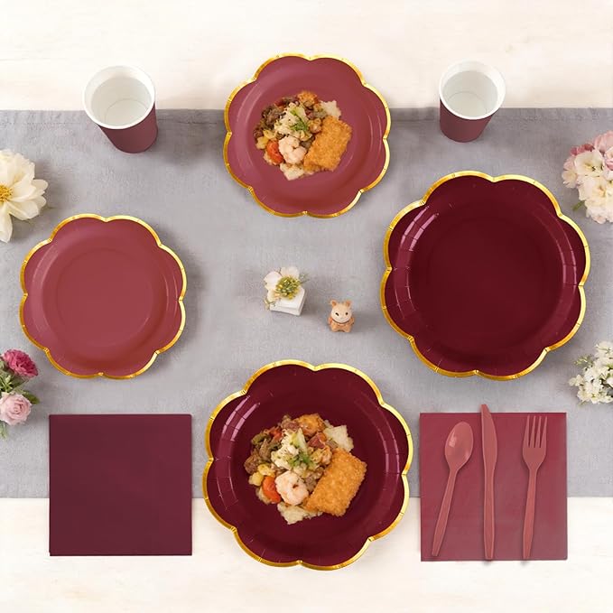 350Pcs Burgundy Paper Plates and Napkins Party Supplies,Maroon Scalloped Plates with Gold Rim,Burgundy Disposable Plates Set for Women Girls Birthday Weddings Bridal Shower Grad Party Decor,Serves 50