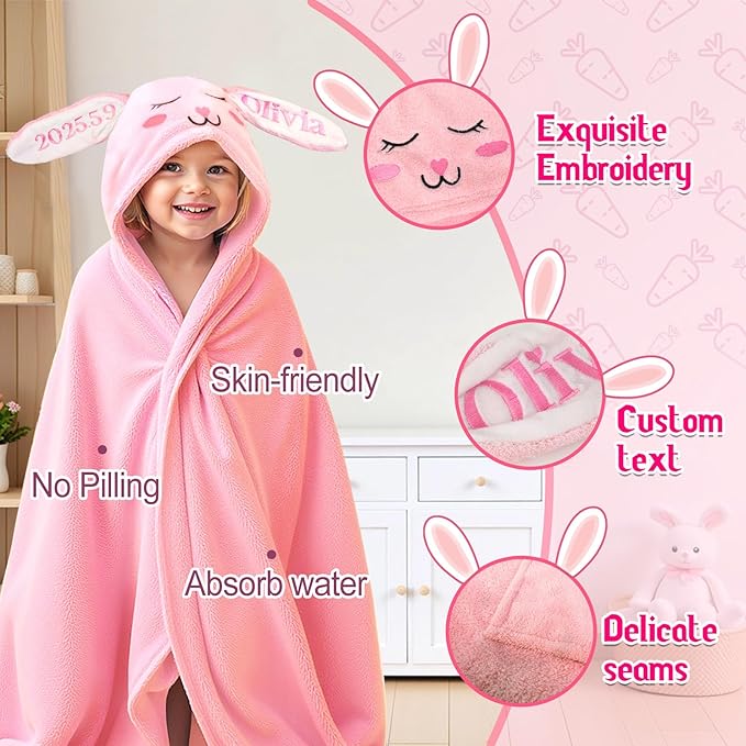 Baosity Custom Hooded Baby Towel with Name, Soft Absorbent Bunny Toddler Towel, Baby Bath Towels for Girls Boys, Personalized Easter Brithday for Baby, Toddler, Newborn Essential