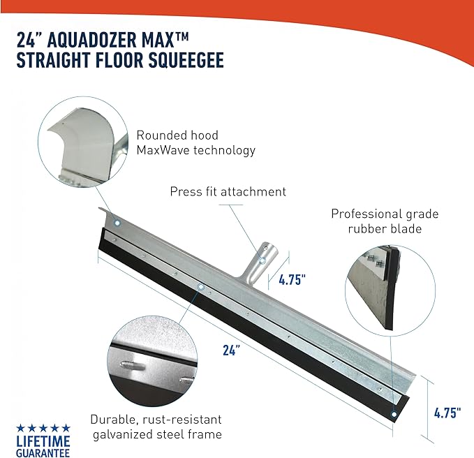 Unger Professional AquaDozer Max Kit, 24” Smooth Surface Straight Floor Squeegee and 48” Dual End Pole, Scrubber and Broom for Clean and Dry Concrete Floors and Asphalt