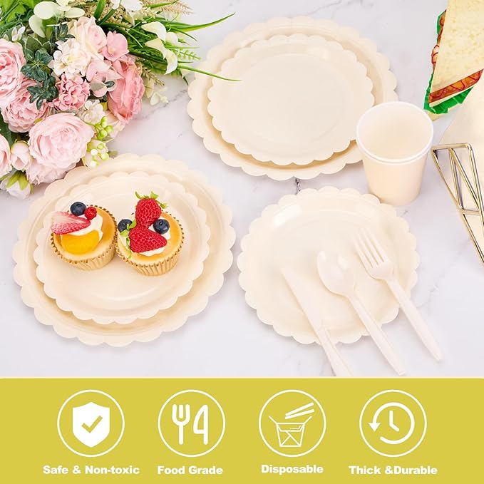 168 Pcs Ivory Paper Plates and Napkins Set, Tableware Set for 24 Guests Include Scalloped Cream Plates Napkins Cups Plastic Cutlery for Baby Shower, Wedding, Bridal Shower