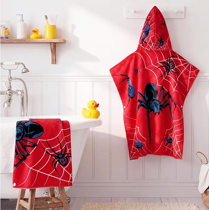 Fanfanwin Cotton Spider Web Bath Towel Beach Hooded Bath Towel 37.8x23.62 Inches Spider Theme Poncho with Snap Buttons Hood Soft Rapid Dry for Beach, Pool, Swim, Travel, Home Use