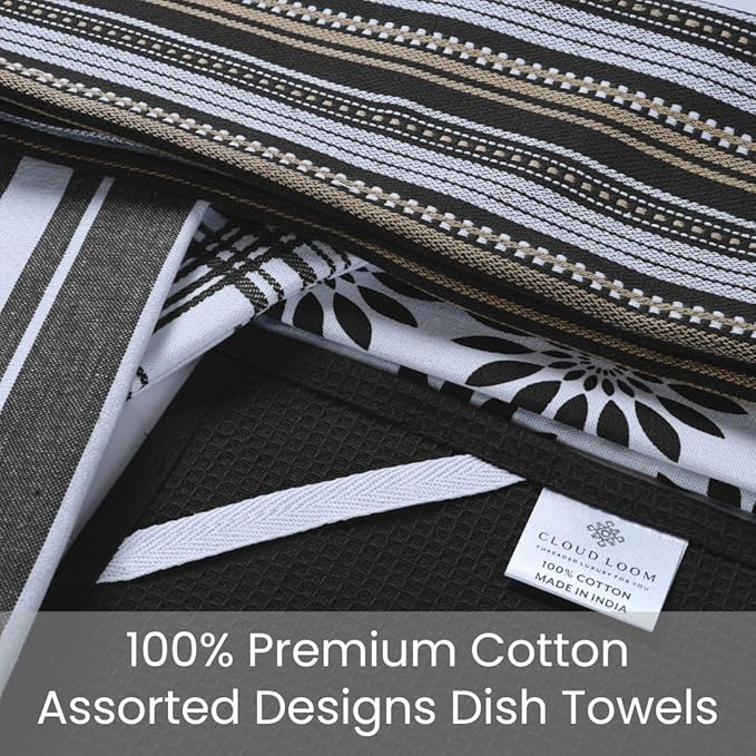 Assorted Kitchen Towels Large 16x26 inch 100% Cotton Set of 5 - Soft Absorbent Washable Tea Towel for Kitchen - Dish Cloths Towel with Hanging Loop - Quick Drying Dish Towels Black