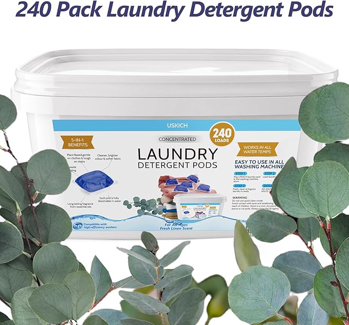 240 Pack Laundry Detergent Pods- 5-in-1 Stain Remover Laundry Soap Pods- Ultra Concentrated,Dissolvable Detergent Pods Bulk for Washing Machines,Eucalyptus Scent
