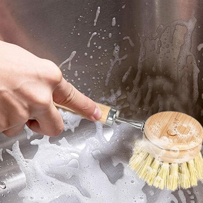Bamboo Dish Brush with Handle - Soft Bristle, Non Toxic Dish Scrubber Compostable & Sustainable Bamboo Scrub Brush for Dishes, Pots and Pans