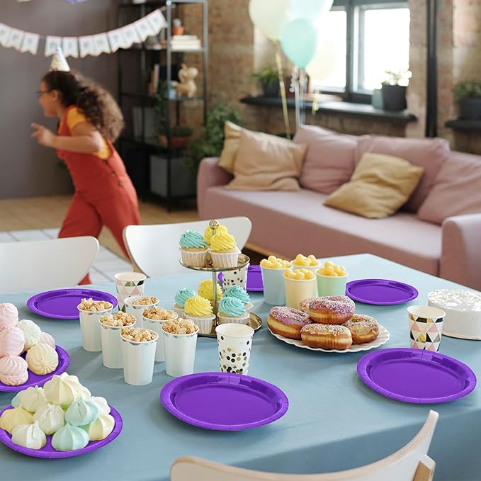 QZYL Paper Plates 7 Inches 50 Count, Disposable Plates Heavy Duty, Purple Party Dessert Plates, Disposable Paper Dinnerware, Small Paper Plates for Birthday Halloween Graduation Bridal Party Supplies
