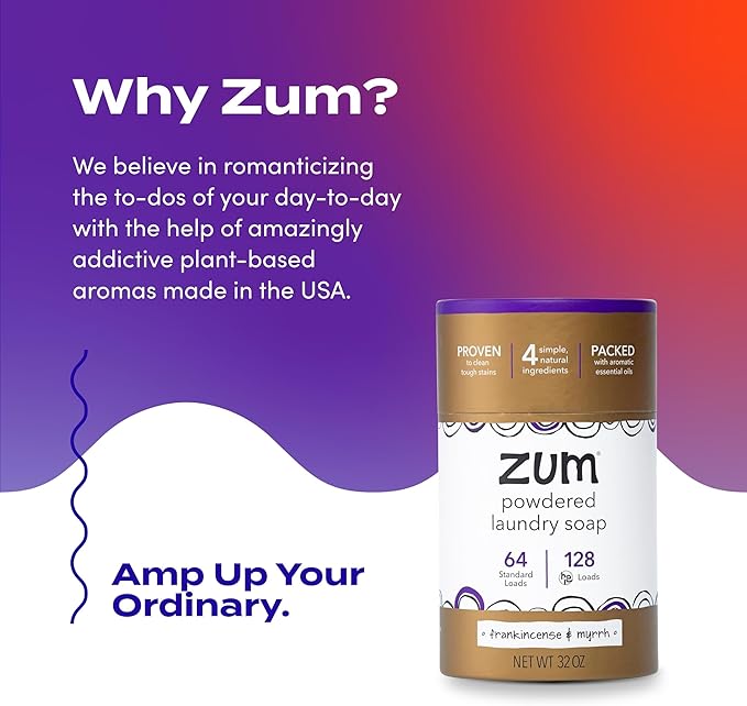 Zum Powdered Laundry Soap by Indigo Wild - Plant-Based Laundry Soap with Baking Soda, Coconut Oil & Essential Oils - 64 Loads (32 oz) - Frankincense & Myrrh