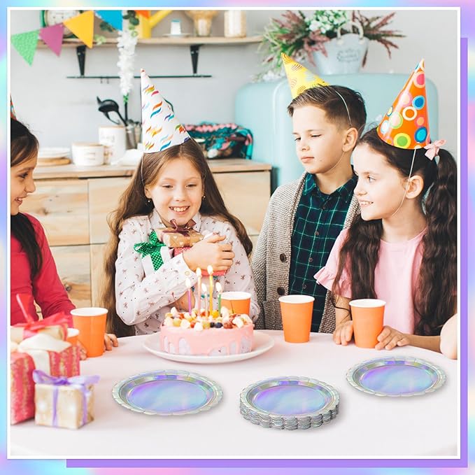 NatNarr 30 Pcs Iridescent Paper Plates Disposable 7 Inch Scalloped Holographic Plates Sliver Cake Dessert Plate for Graduation, Birthday, Mermaid, Disco