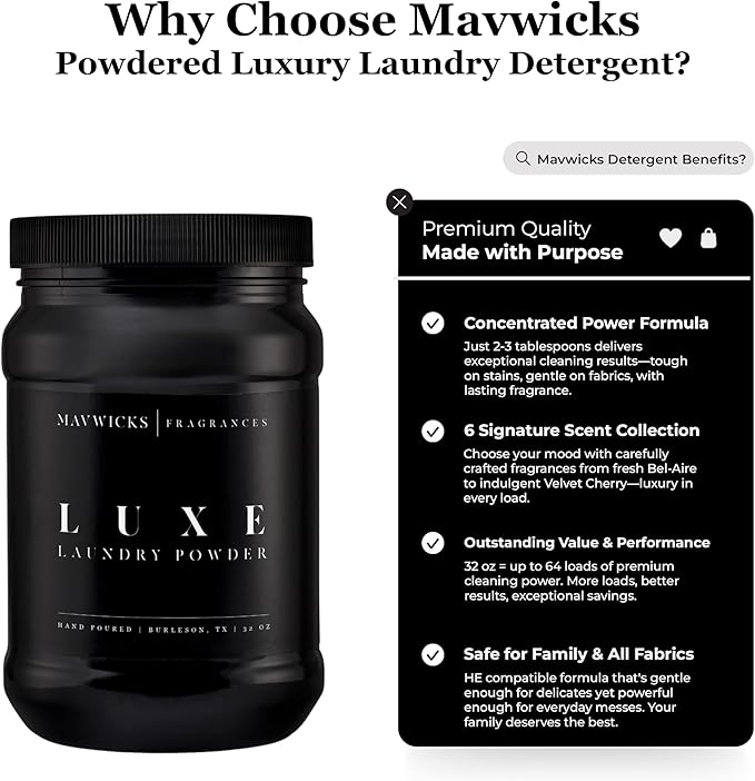 Mavwicks - Luxury Laundry Detergent Powder (Luxe) 32 Oz – Concentrated for Tough Stains and Odors, For All Washing machine types – Gentle on Fabrics