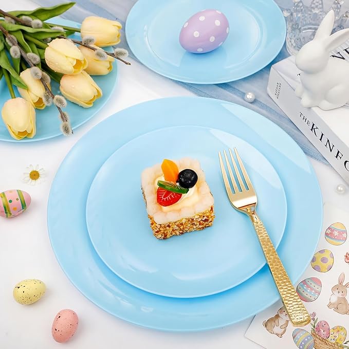 KIRE 60PCS Blue Plastic Plates Disposable - Heavy Duty Light Blue Plates Include 30Pcs 10.25” Dinner Plates and 30Pcs 7.5” for Dessert/Salad in Baby Shower/Picnic/Easter/Spring