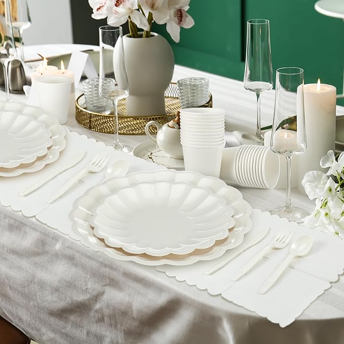 Newtay 350 Pcs Cream White Scalloped Paper Plates Shell Edge Disposable Tableware Cocktail Napkins Cups Plastic Spoons Forks Knives for Wedding Baby Shower Picnic Birthday Party Supply for 50 Guests