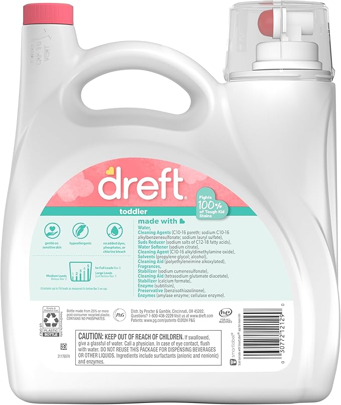 Dreft Toddler Liquid Laundry Detergent, Gentle on Sensitive Skin Laundry Soap, 150 fl oz, 114 Loads (Packaging May Vary)
