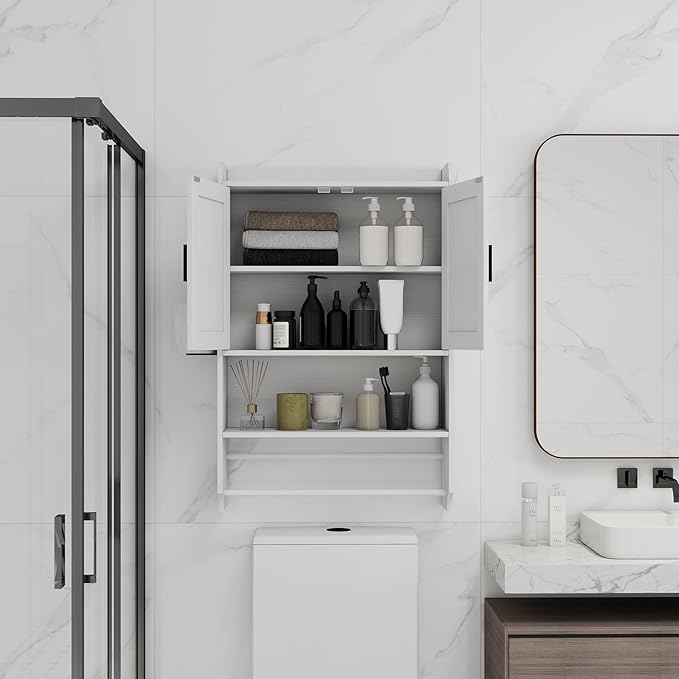 Bathroom Wall Cabinet with Doors, Over The Toilet Storage Cabinet with Adjustable Shelf, Towel Bar and Paper Holder, Medicine Cabinet for Bathroom Kitchen Laundry Room Entryway