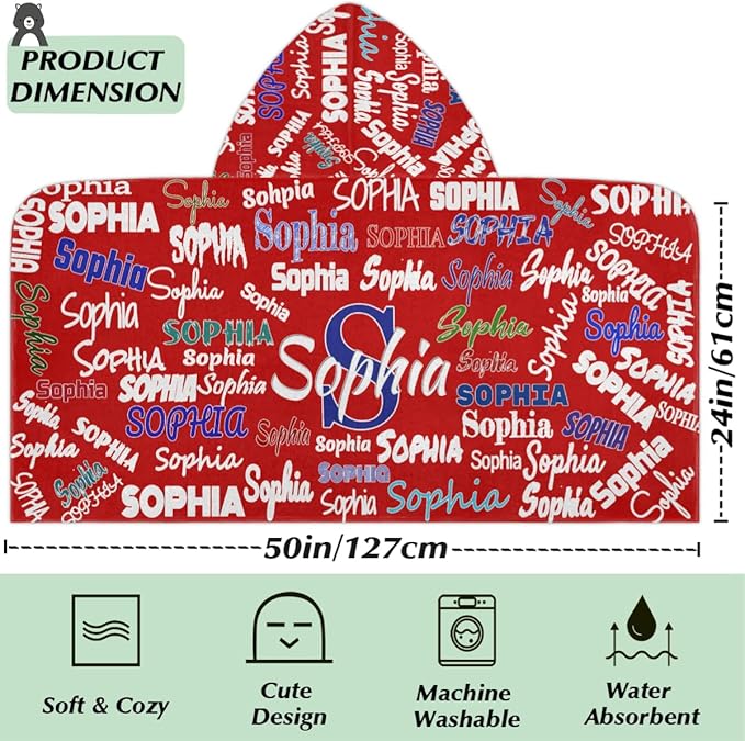 Custom Hooded Bath Beach Towel for Kids, 50"x24" Inch Cotton Soft with Hood for Toddler, Boys, Girls - Wrap/Bathrobe for Pool, Travel, Camping, Swimming, Solid Red Color