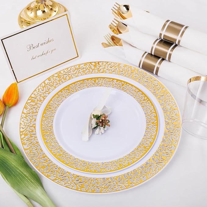 WELLIFE 50 Guests Dinnerware Sets, Gold Plastic Plates，Platos Para Fiestas Elegantes Desechables Include:50 Dinner Plates, 50 Dessert Plate, 150 Pcs Gold Plastic Silverware, 50 Cups for Party