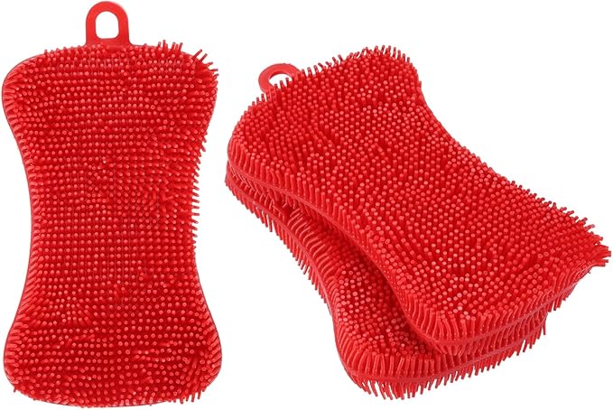 uxcell Silicone Dish Scrubber, 3 Pack Reusable Dishes Sponges Silicone Sponges Double Design for Kitchen Bathroom Cleaning Gadgets Accessories Countertop Cookware Pots Pans, Red