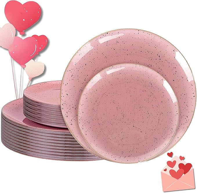 Liacere 32PCS Pink Plastic Plates - Pink Plastic Ceramic Disposable Tableware Plates Modern Dinnerware Set - Wedding & Party & Mothers Day