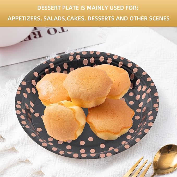 Black and Rose Gold Paper Plates,100 Pack Gold Dots Party Paper Plates,Disposable Party Supplies Dessert Plate for Birthday,Graduation,Retirement,Father's Day(7Inch)