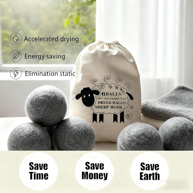6 Pack Wool Dryer Balls Laundry Reusable Anti Static, Wool Laundry Balls for Dryer Reduces Clothing Wrinkles Natural Fabric Softener Last 1000+ Loads (Dark Grey, 2.75 in/7 cm)