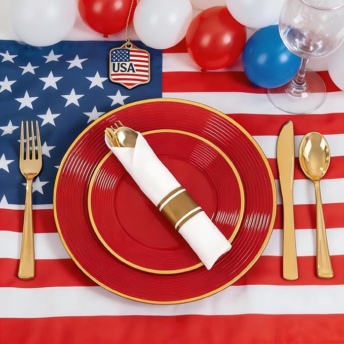 Liacere 100PCS Red Plastic Plates - Heavy Duty Disposable Plates - Red and Gold Plate 100PCS Dinner/Dessert Plate for Party & Graduation & Independence Day & Memorial day