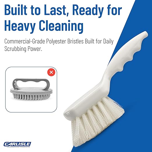 SPARTA Flo-Pac 8" Utility Scrub Brush with 2" Nylon Bristles, Plastic Pistol Grip Handle, Commercial Handheld Cleaning Brush, White
