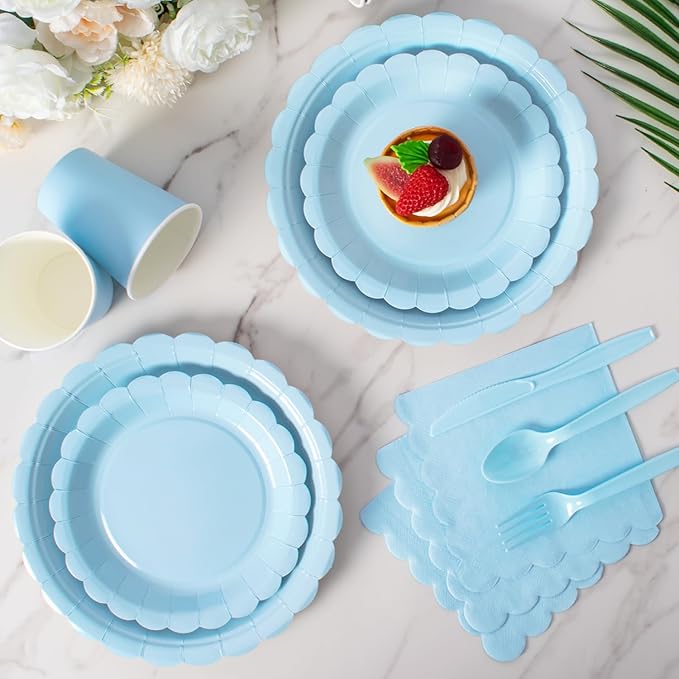 Vyntra 175 Pcs Light Blue Disposable Paper Plates and Napkins Set for 25, 9" Dinner Plates & 7" Dessert Plates, Tableware for Baby Shower, Birthday, Picnic, Party