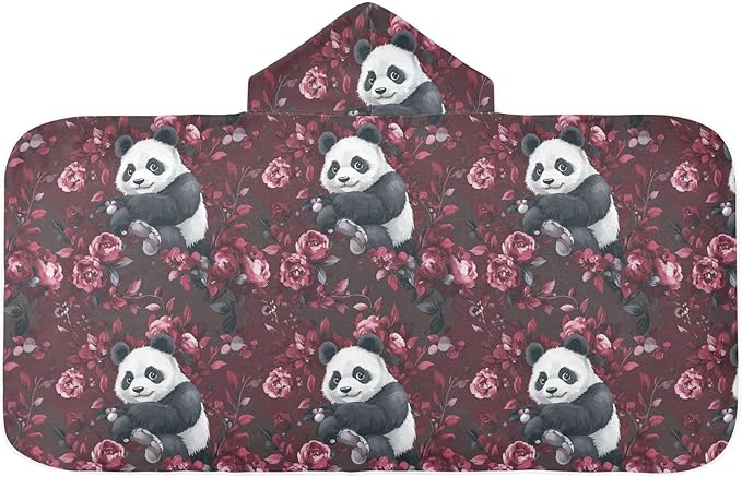 Hooded Beach Towel for Kids Cartoon Panda Burgundy Hooded Towels for Boys Soft Bath Towels with Hood