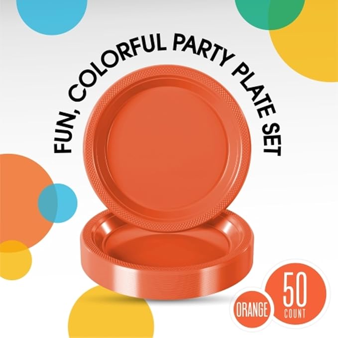Exquisite Party Solids Orange Plastic Plates For Party Supplies 9" Orange Disposable Plates Heavy Duty 50 Pcs Plastic Dinnerware Sets Heavy Duty 350 GSM Disposable Dinnerware Set