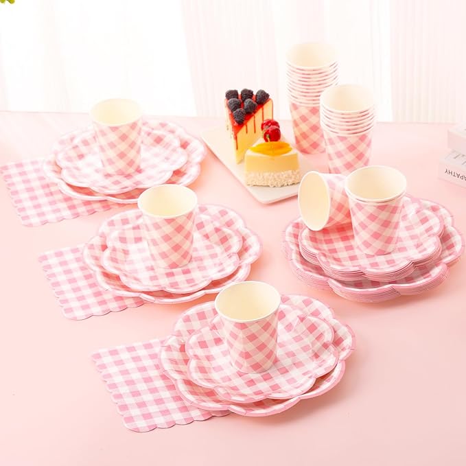 175 Pcs Pink Gingham Plates and Napkins Party Supplies - Pink and White Checkered Plates Sets Serve 25 Guests - Scalloped Gingham Paper Plate for Birthday Wedding Picnic Mother's Day Party Decorations