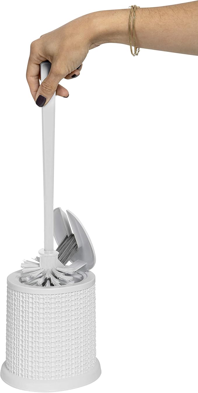 Bath Bliss Self Closing Lid Toilet Brush with Rim Scrubber | Dimensions: 5. 9" x 5. 3" x 15. 4" | Self Closing | 360 Degree Bristle | Bathroom Cleaning | Separate Rim Scrubber | White