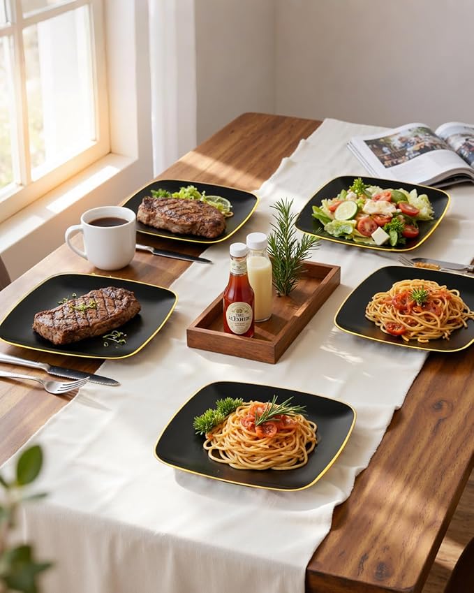 bUCLA 100PCS Black Plastic Plates with Gold Trim - Heavy Duty Black Gold Square Plates Disposable - Include 50 Each (Dinner & Dessert) for Party & Graduation